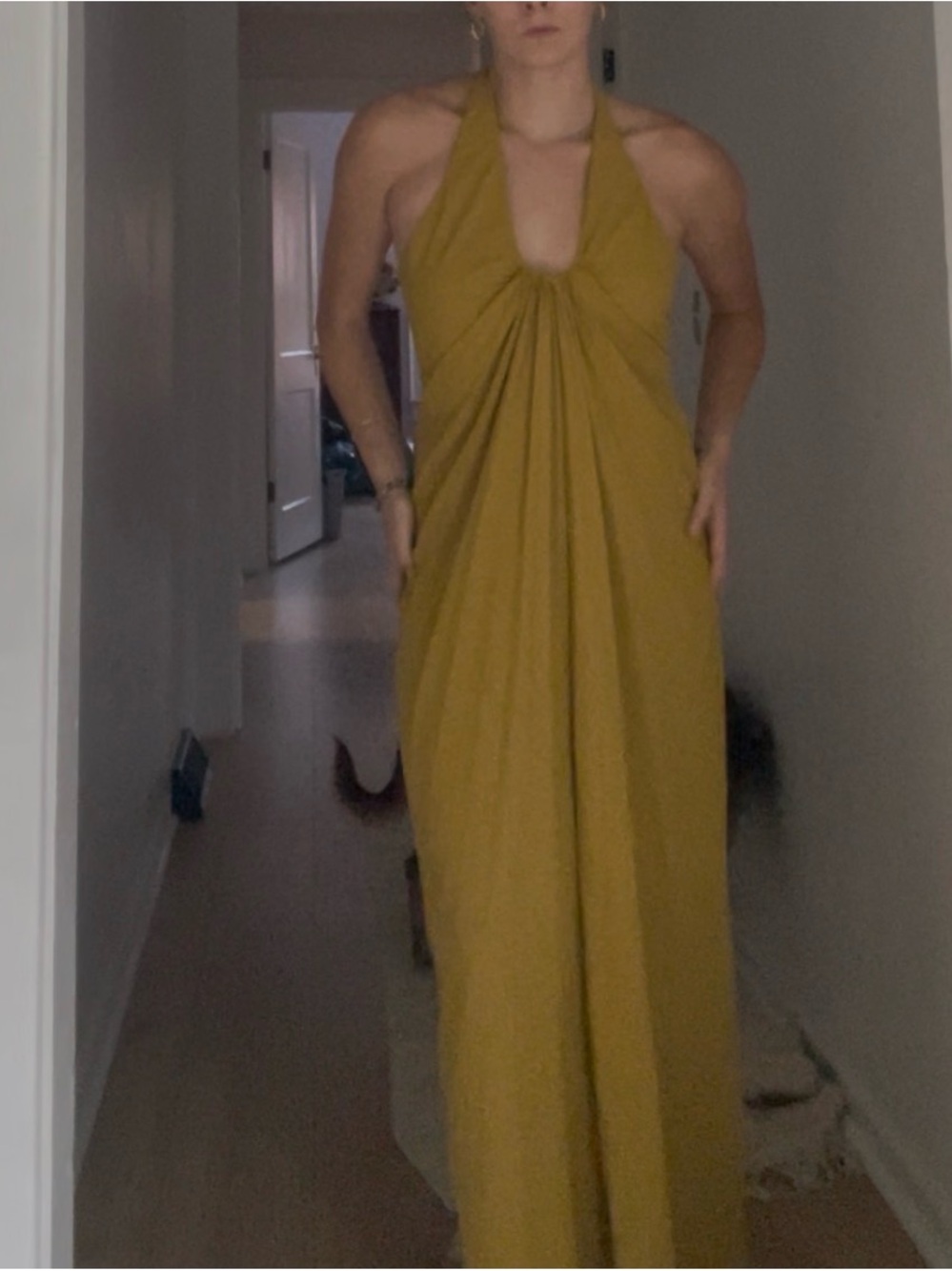 Anthropology Mustard Halter Maxi Dress - Elegant Draped Front